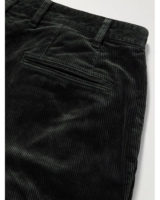 Beams Plus Black Cropped Pleated Cotton-Corduroy Trousers for men