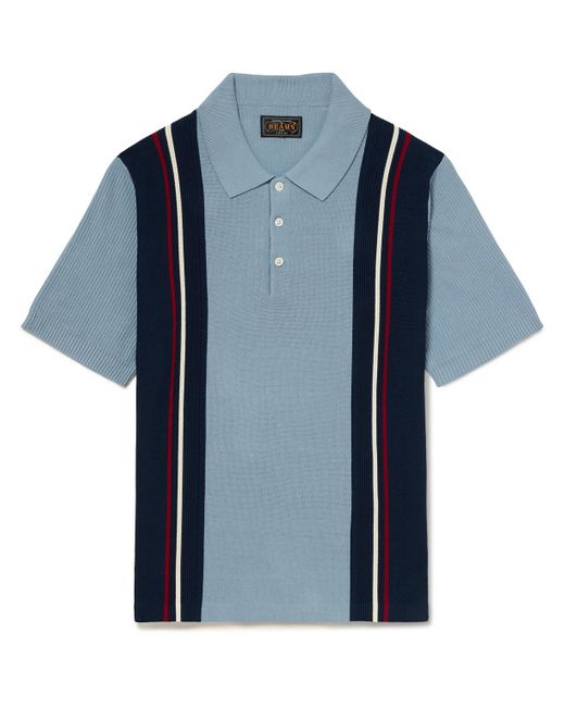Beams Plus Blue Ribbed Striped Cotton Polo Shirt for men