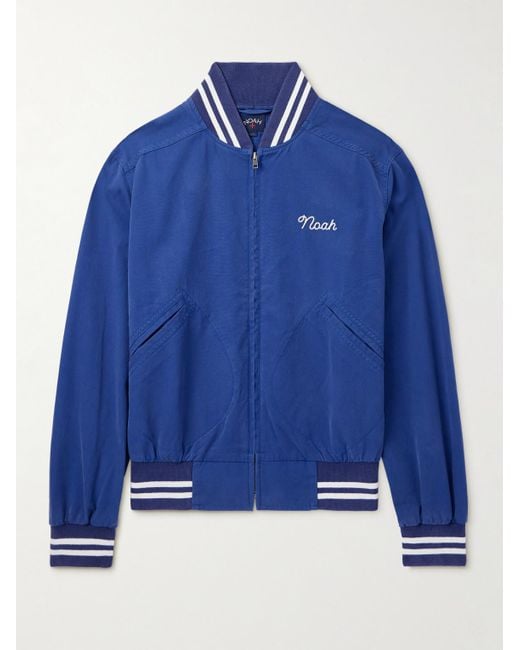 Noah Logo-Embroidered Striped Cotton Varsity Jacket in Blue for