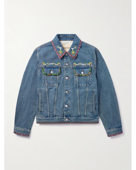 Valentino Garavani Blue Bead-Embellished Floral-Trimmed Denim Jacket for men
