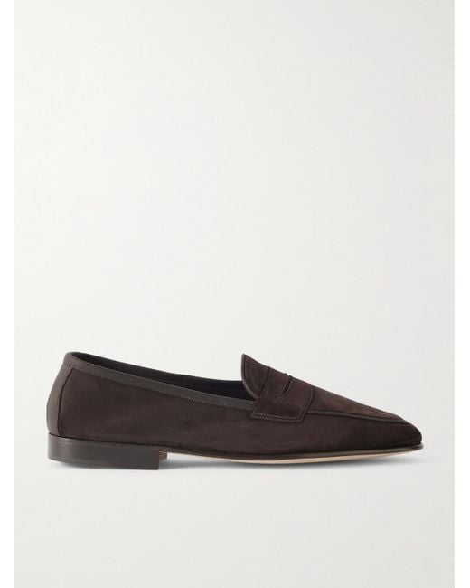 Edward Green Brown Polperro Leather-Trimmed Suede Penny Loafers for men