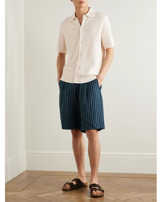 NN07 Blue Kay 1455 Straight-Leg Pleated Striped Linen Shorts for men