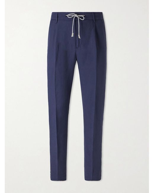 Eleventy Blue Straight-leg Lyocell And Linen-blend Drawstring Trousers for men