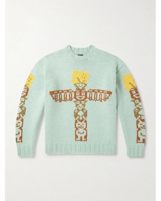 Kapital Blue Peckish Totem Pole Intarsia Wool Sweater for men