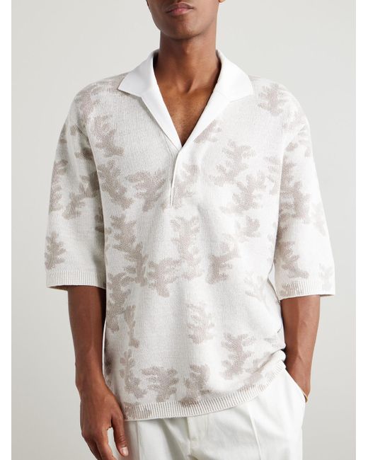 Zegna Natural Camp-Collar Poplin-Trimmed Jacquard-Knit Oasi Linen Polo Shirt for men