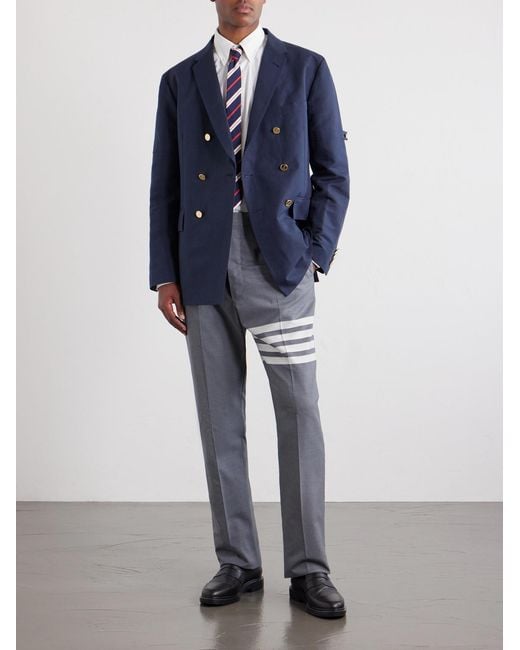 Thom Browne Blue Double-breasted Striped Cotton And Linen-blend Blazer for men