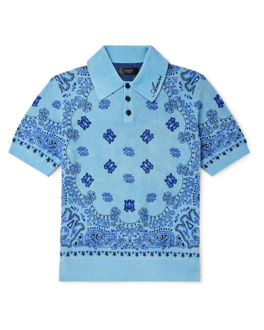 Amiri Blue Logo-embroidered Paisley-jacquard Fleece Polo Shirt for men