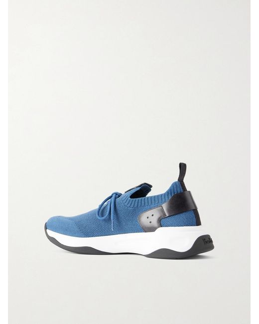 Berluti Blue Shadow Leather-Trimmed Stretch-Knit Sneakers for men