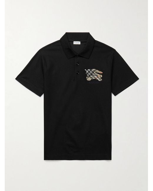 Burberry Black Logo-Embroidered Appliquéd Cotton-Piqué Polo Shirt for men