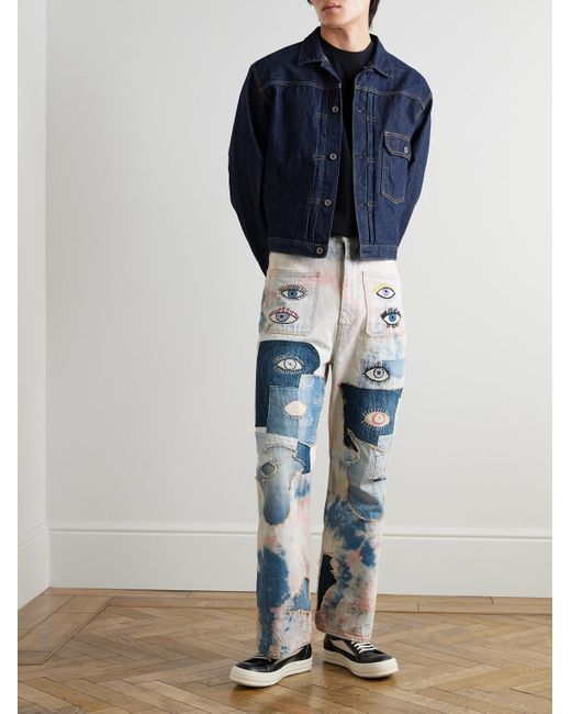 Kapital Blue Slim-Fit Patchwork Embroidered Tie-Dyed Jeans for men
