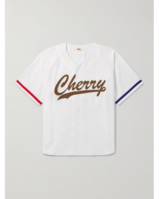 CHERRY LA Gray Logo-appliquéd Striped Cotton-twill Shirt for men
