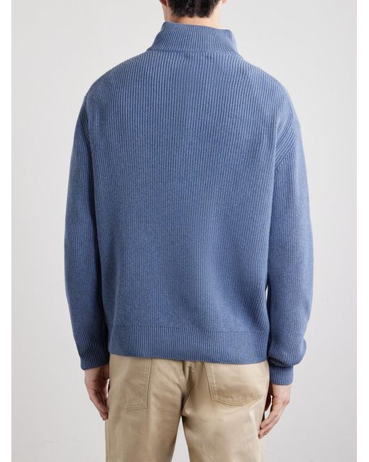 J.W. Anderson Blue Ribbed Wool And Cotton-Blend Half-Zip Turtleneck Sweater for men