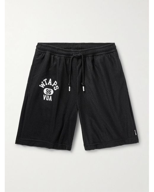 (w)taps Black Straight-Leg Logo-Print Brushed-Mesh Shorts for men