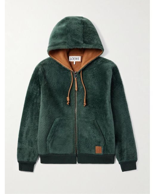 Loewe Green Logo-appliquéd Shearling Hooded Bomber Jacket for men