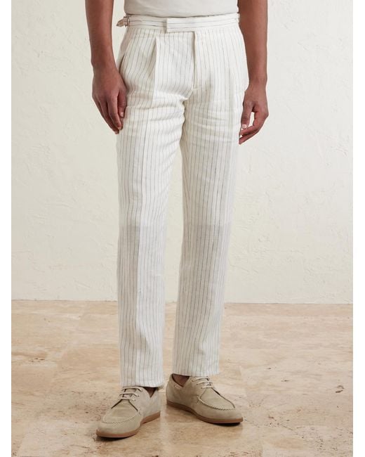 Mr P. White Tapered Pleated Pinstriped Linen Suit Trousers for men