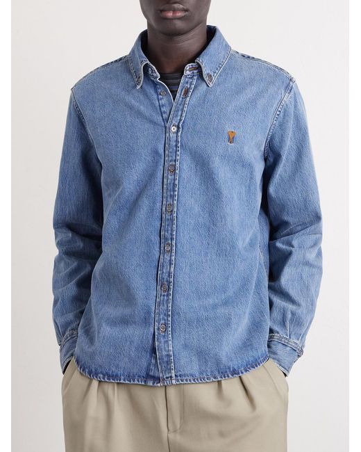 AMI Blue Button-Down Collar Logo-Embroidered Denim Shirt for men