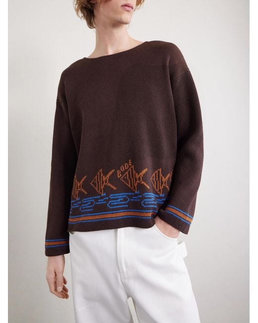 Bode Red Fish School Intarsia-knit Cotton Sweater for men