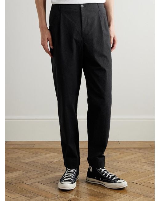 Folk Black Assembly Straight-Leg Pleated Cotton-Blend Seersucker Trousers for men