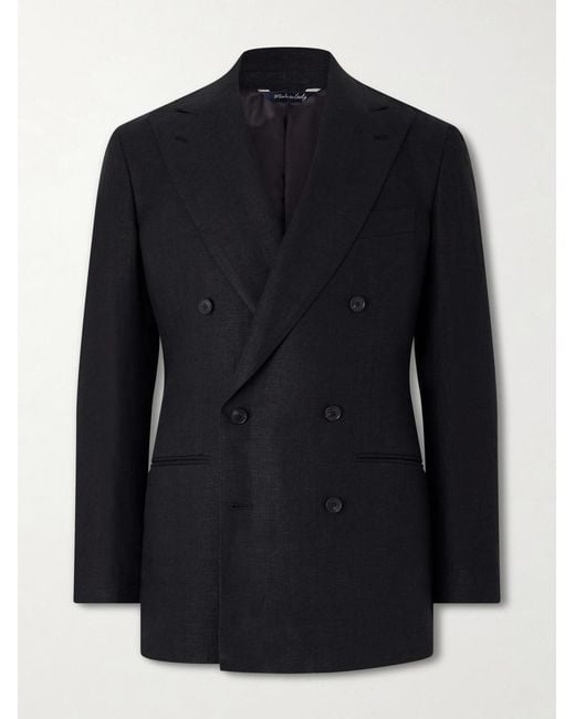 Saman Amel Blue Linen Double-breasted Suit Jacket for men