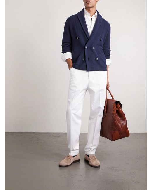 Brunello Cucinelli Blue Shawl-Collar Double-Breasted Ribbed Cotton Cardigan for men