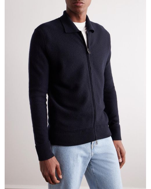 Brioni Blue Ribbed Cashmere Zip-up Sweater for men