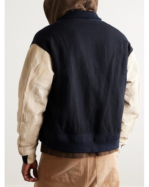 Visvim Blue Embroidered Wool And Linen-Blend Twill And Full-Grain Leather Varsity Jacket for men