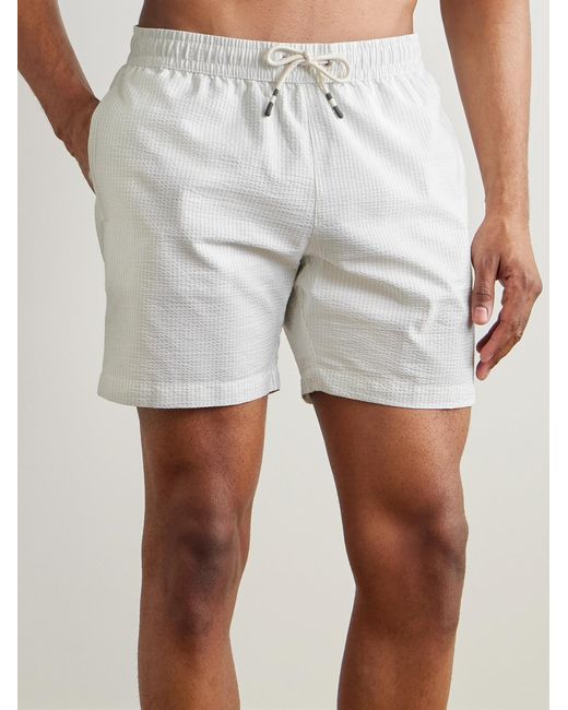 Hartford White Straight-Leg Mid-Length Striped Seersucker Swim Shorts for men