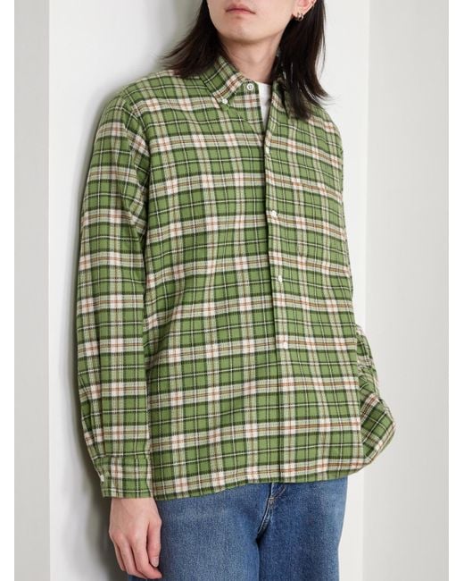 Beams Plus Green Button-Down Collar Checked Cotton-Dobby Shirt for men