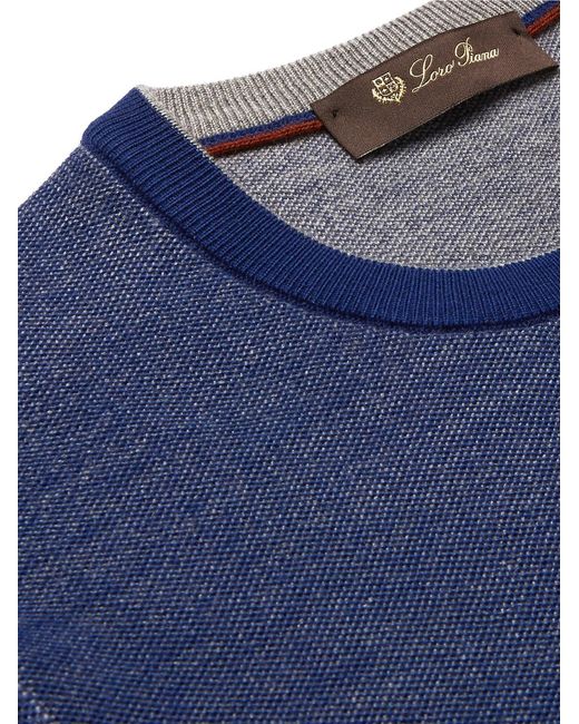 Loro Piana Blue Contrast-Tipped Mélange Wool And Cashmere-Blend Piqué Sweater for men