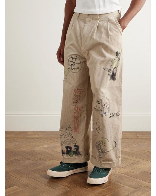 Kapital Natural Ivy Wide-leg Pleated Printed Cotton-corduroy Trousers for men