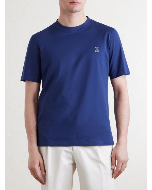 Brunello Cucinelli Blue Layered Logo-Print Cotton-Jersey T-Shirt for men
