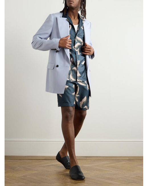 Dries Van Noten Blue Straight-Leg Printed Silk-Twill Drawstring Shorts for men