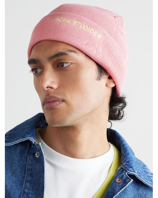 Acne Pink Kinau Logo-Embroidered Distressed Wool-Blend Beanie for men