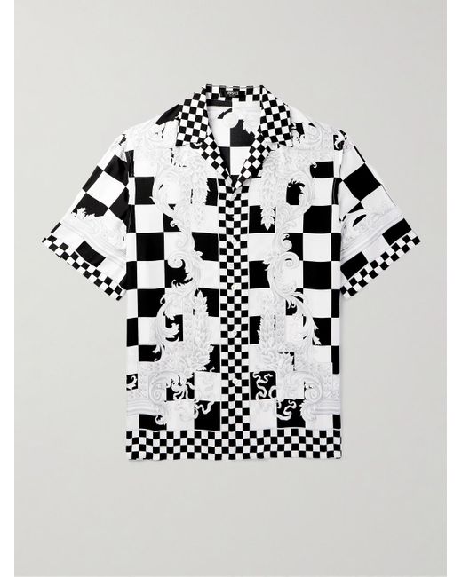Versace White Camp-collar Printed Checked Silk-twill Shirt for men