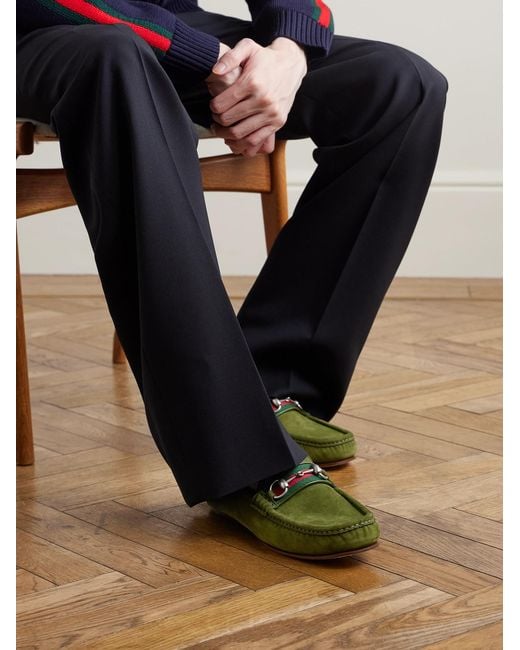 Gucci Green Horsebit-Embellished Webbing-Trimmed Suede Loafers for men