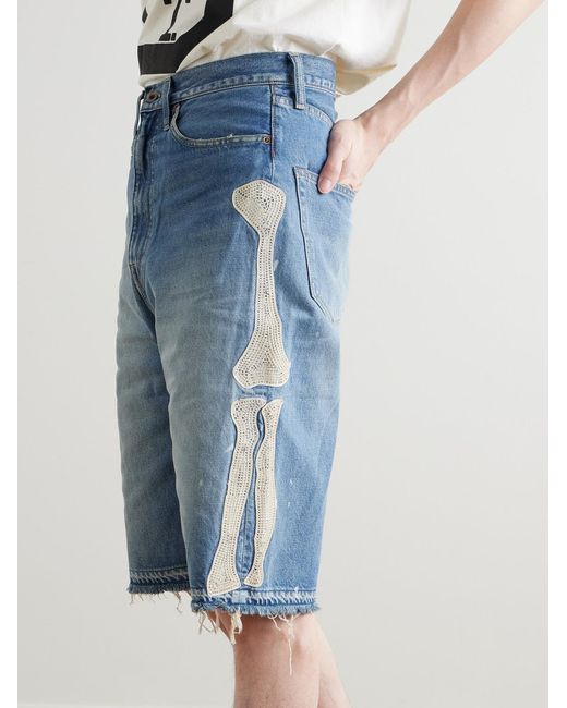 Kapital Blue Straight-Leg Appliquéd Distressed Denim Shorts for men