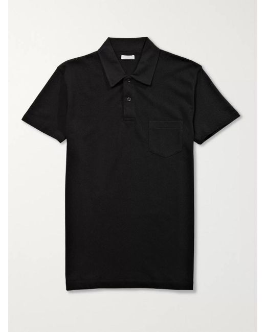 Sunspel Black Riviera Slim-fit Cotton-mesh Polo Shirt for men