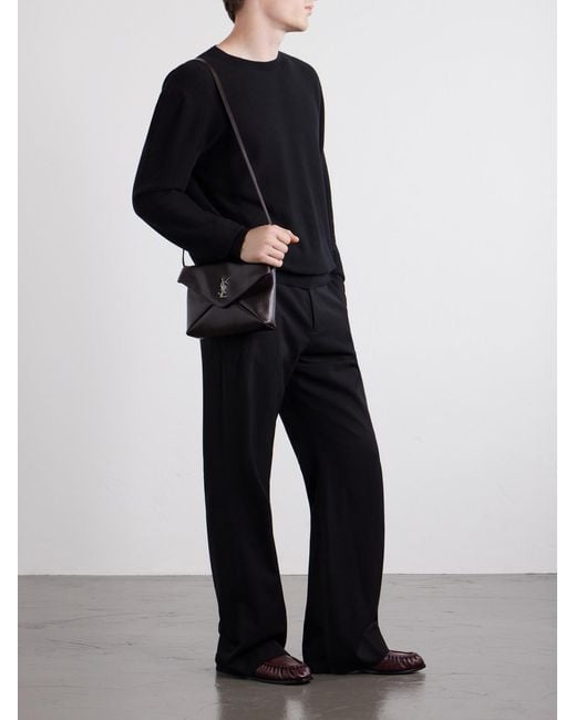 Saint Laurent Black Cassandre-embellished Full-grain Leather Messenger Bag for men