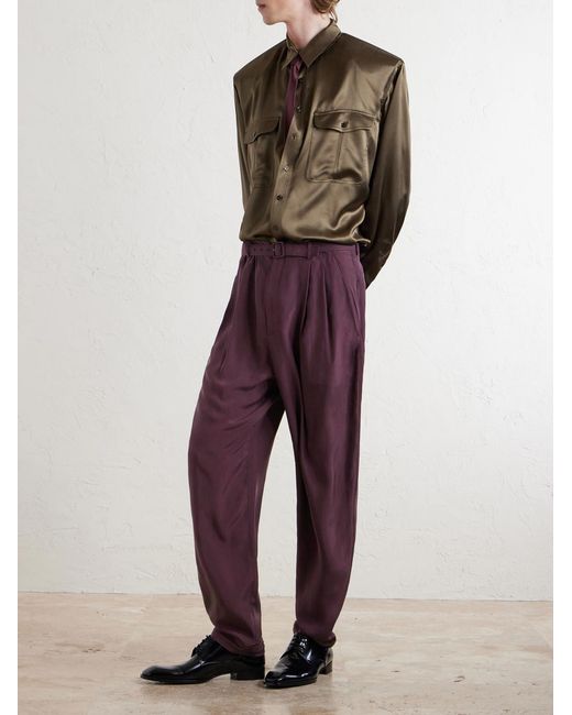 Saint Laurent Purple Tapered Belted Pleated Silk Trousers for men