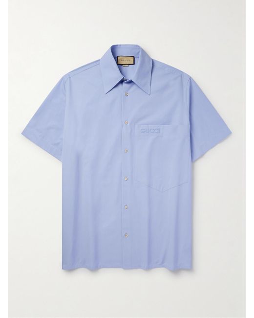 Camicia in popeline di cotone con logo ricamato di Gucci in Blue da Uomo