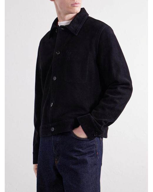 AMI Blue Logo-Embossed Suede Jacket for men