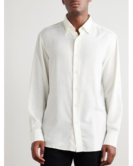 Brioni Natural Button-Down Collar Cotton And Cashmere-Blend Twill Shirt for men