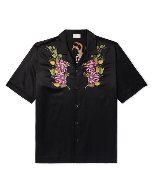 Dries Van Noten Black Camp-collar Embroidered Satin Shirt for men