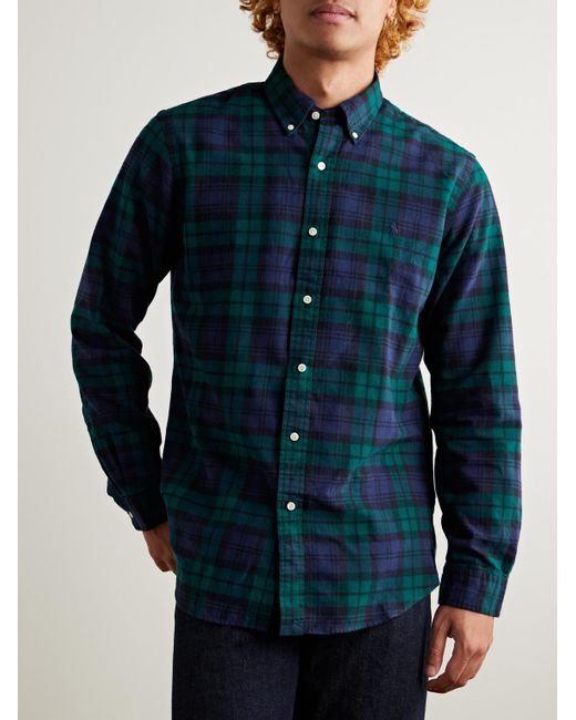 Polo Ralph Lauren Blue Button-Down Collar Logo-Embroidered Checked Brushed-Cotton Oxford Shirt for men