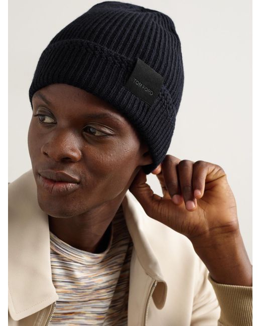 Logo-Appliquéd Ribbed Cashmere Beanie di Tom Ford in Blue da Uomo