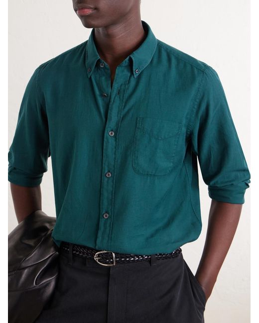 Tom Ford Green Washed Cotton And Cashmere-blend Twill Shirt for men