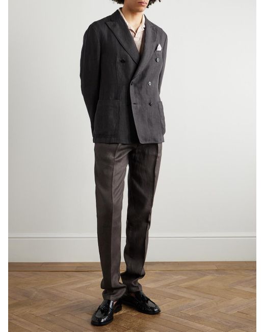 Boglioli Black Double-breasted Herringbone Linen Suit Jacket for men