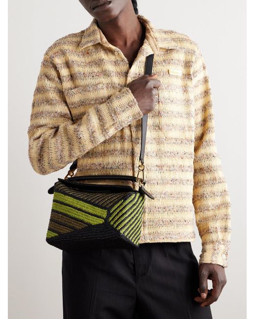 Loewe Green Paula's Ibiza Puzzle Edge Small Leather-trimmed Striped Raffia Messenger Bag for men