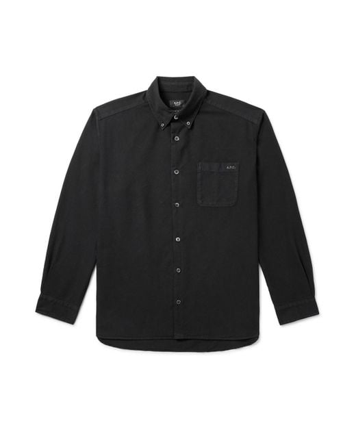 A.P.C. Black Mateo Button-Down Collar Logo-Embroidered Organic Cotton Shirt for men