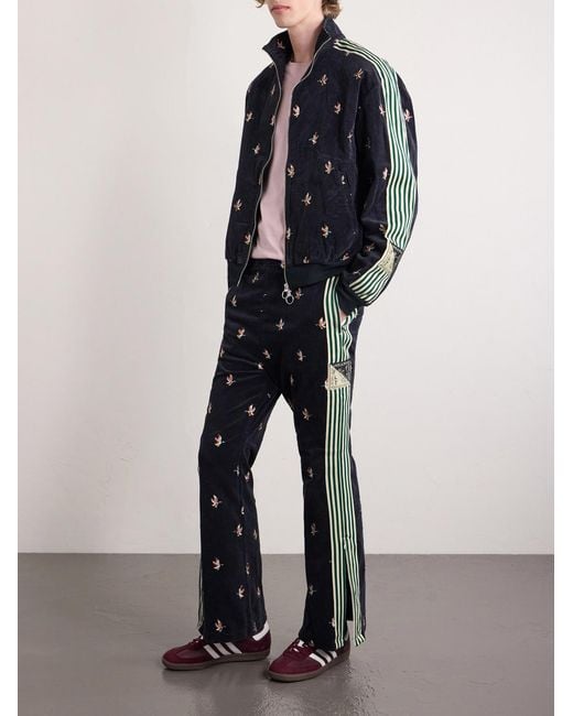 Kapital Blue Cropped Flared Webbing-trimmed Embroidered Cotton-blend Corduroy Sweatpants for men